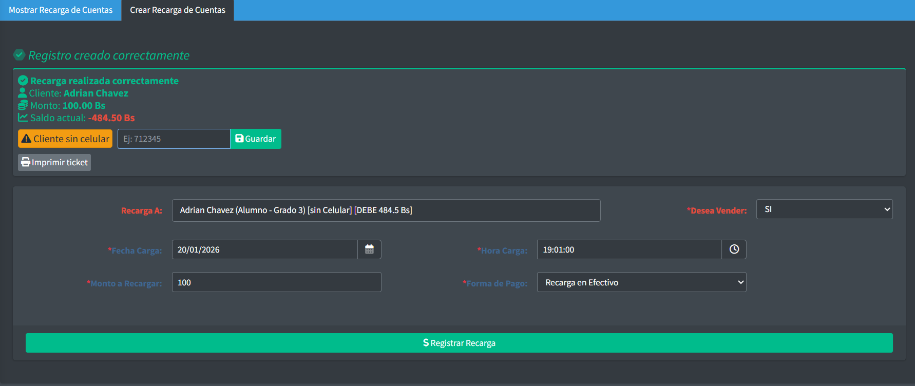 Recarga de cuentas a Estudiante